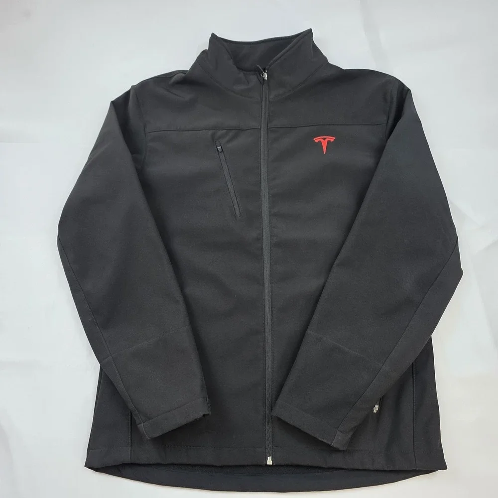 Tesla Jacket Mens Medium Black Softshell Full Zip Red Logo Car Windbreaker